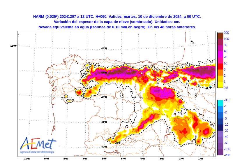 AEMET_CyL's tweet photo. ⚠️❄️Temporal invernal en #CastillayLeón:

Mapa adjunto de variación del espesor de nieve esperado por el modelo Harmonie en 48 horas, domingo y lunes. Se esperan importantes espesores en las zonas altas y de montaña leonesa y palentina.

Avisos #FMA 👉https://t.co/TdIbiNT69D https://t.co/JYRo6L7qeR
