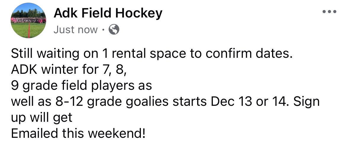 We will be starting 7-9 grade field players and 8-12 grade goalies next weekend Dec 13/14 at Hayner’s. Registration link available soon
