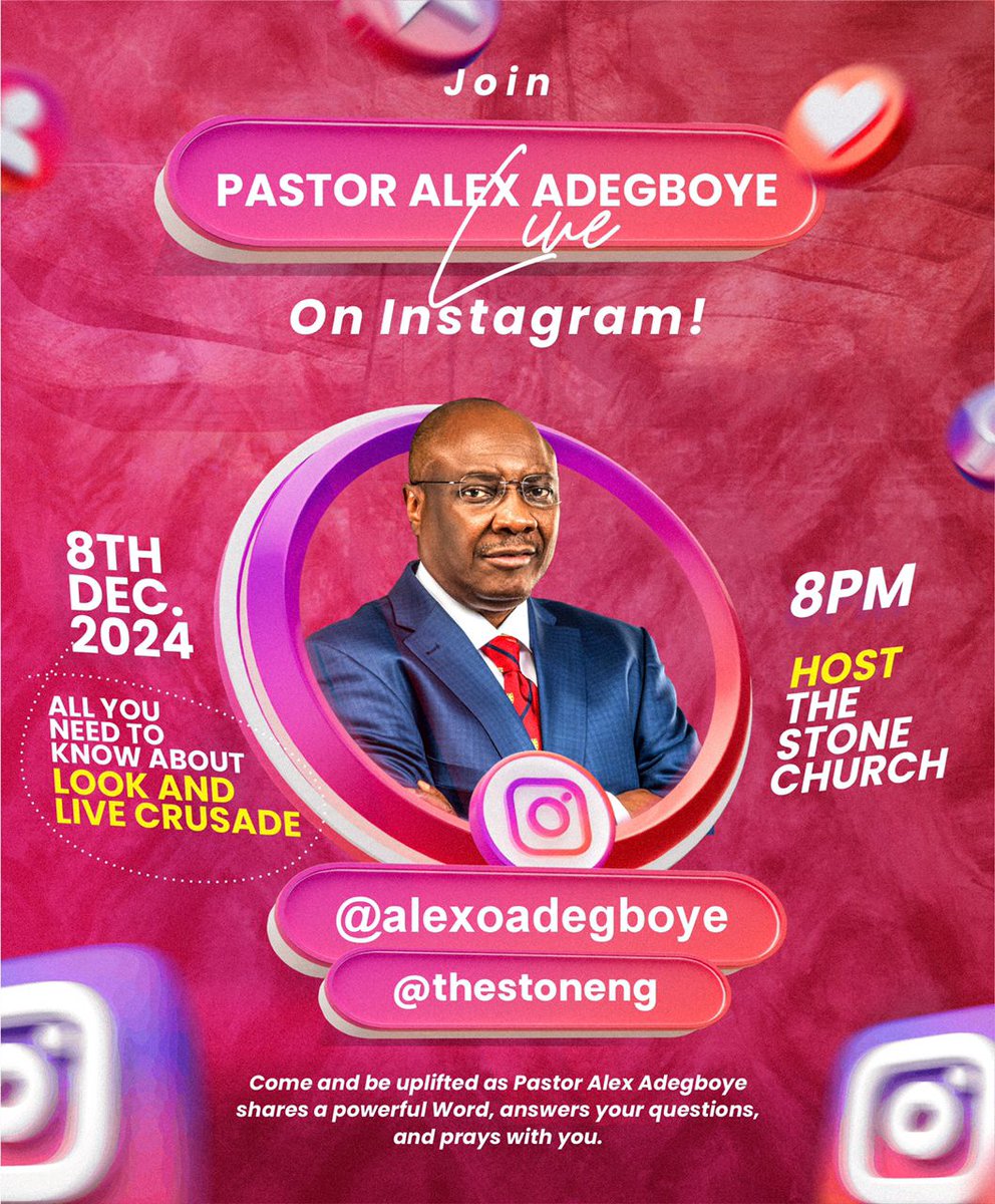 A friendly reminder for you to join Pastor Alex Adegboye live on Instagram by 8pm tomorrow Sunday 8th of December.

Turn on post notifications, be ready!!