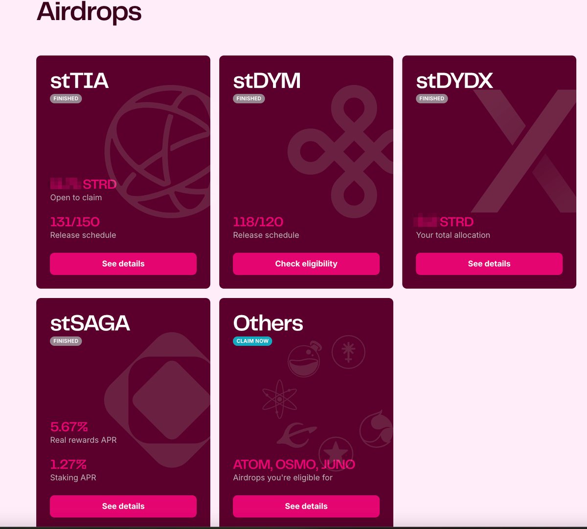Airdrops_one's tweet photo. Don't leave that $STRD  Airdrop 🪂 on the table if you participated in:
 
🔸 $stTIA Claim
➡️Final claim date is January 31st, 2025.

🔸 $stDYM Claim
➡️Final claim date is January 6th, 2025.

🔸 $stSAGA Claim - 
➡️Closed on December 4th.

🔸 $STRD Season 23 Claim
➡️4 Days remaining

🔸🔸Stake $ATOM with our Sponsor @EverstakeCosmos  and be eligible for potential future Airdrops. https://t.co/fSVgmYci7q 🔸🔸

🔸 $stTIA Claim Thread: https://t.co/OFygFVfkHh
🔸 $stDYM Claim thread: https://t.co/jLv0GnlvH1
🔸 $STRD Season 23 thread:
https://t.co/6zRsmka35Z

🌐https://t.co/tlkymrEUsh

🔗Links

➡️Airdrop https://t.co/tlkymrEUsh
➡️dApp https://t.co/AsisLsSQW3
➡️Airdrop Details https://t.co/hjssArrnqN
➡️Web https://t.co/V8Qrh75dtW
➡️Docs https://t.co/a6ySG2wbZe
➡️Discord https://t.co/eBvq1B3dkL
➡️ $STRD on @InterchainInfo https://t.co/OSGUDCRvGo

🫡