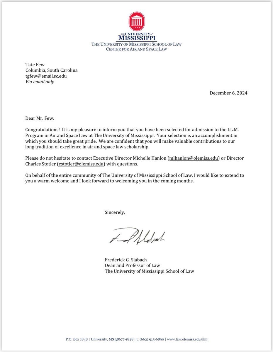 I’ve officially been accepted to the Air and Space Law LL.M. program, which means I will be pursuing a joint J.D./LL.M.

So excited to start my journey!