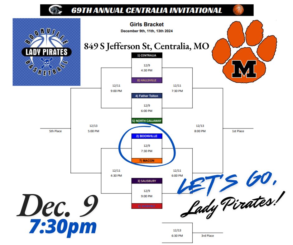 Best of luck to <a href="/LadyPirateBall/">Boonville Lady Pirates Basketball</a> as they head to the 69th Annual Centralia Invitational as the #2 seed. Monday, they take on the Macon Tigers at 7:30pm. Get Loud. Be Proud. 

You can catch the Lady Pirates in Centralia this week on MWF! Stay tuned for possible prepcast coverage!