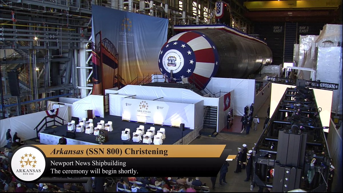 WarshipCam's tweet photo. Future USS Arkansas (SSN 800) Virginia-class Block IV nuclear attack submarine being christened in Newport News, Virginia - December 7, 2024 #ussarkansas #ssn800 

SRC: INT- https://t.co/DL61JIrfP5 https://t.co/g0zRNEiYsP