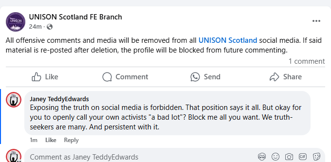 Frogwoman5's tweet photo. @StandUp4FEReps Looks like @unisonscot can't face the truth. The "offensive media", let's remind ourselves, was 4 @unisontheunion staff members including "interim branch secretary" of Scotland FE Branch, CROSSING A PICKET LINE. #fearties #strikebreakers https://t.co/LTOtpcTZjU