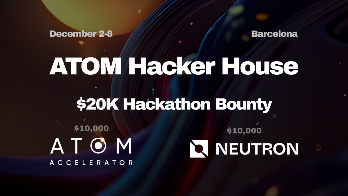 Web3Family ✨ (@web3family_) on Twitter photo Hackathon Prize Pool just went 2x for ATOM Hacker House 🔥
<a href="/ATOMAccelerator/">ATOM Accelerator | Cosmos Hub ⚛️</a> added $10,000 USDC to the original $10,000 USDC pool funded by @Neutron_org 💰💰
Hackers started yesterday (Friday) at 5pm. Deadline: tomo (Sunday) at 2pm ⏳
Come see demos & pitches tomo at 2pm! 👩🏫 Hackathon Prize Pool just went 2x for ATOM Hacker House 🔥
<a href="/ATOMAccelerator/">ATOM Accelerator | Cosmos Hub ⚛️</a> added $10,000 USDC to the original $10,000 USDC pool funded by @Neutron_org 💰💰
Hackers started yesterday (Friday) at 5pm. Deadline: tomo (Sunday) at 2pm ⏳
Come see demos & pitches tomo at 2pm! 👩🏫