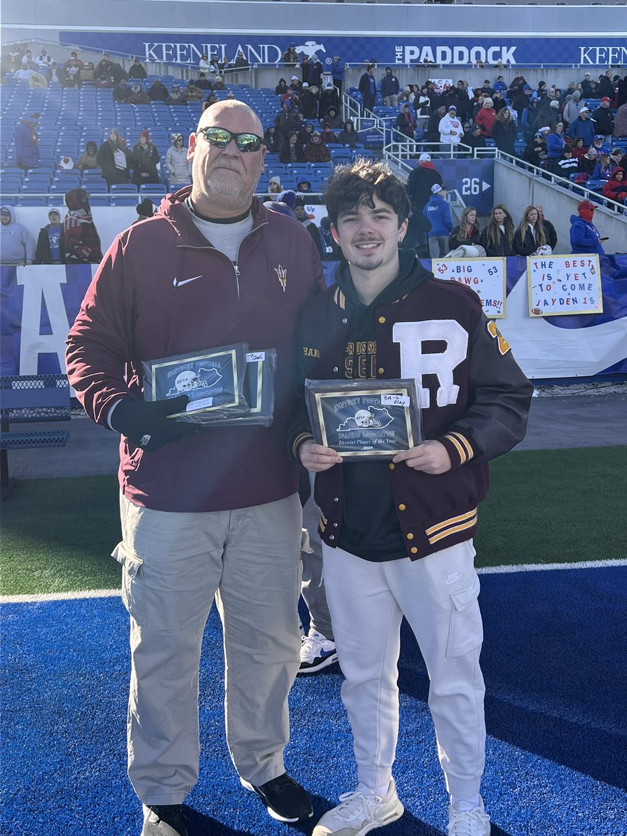 Russellsports's tweet image. Congratulations to Elijah Hankins on his 3A District Player of the Year and Coach Maynard on his District Coach of the Year &amp;amp; reaching the 150 win milestone. Both were presented the awards before start of the 3A championship game. @russellind @RussellHigh @reddevilsfball