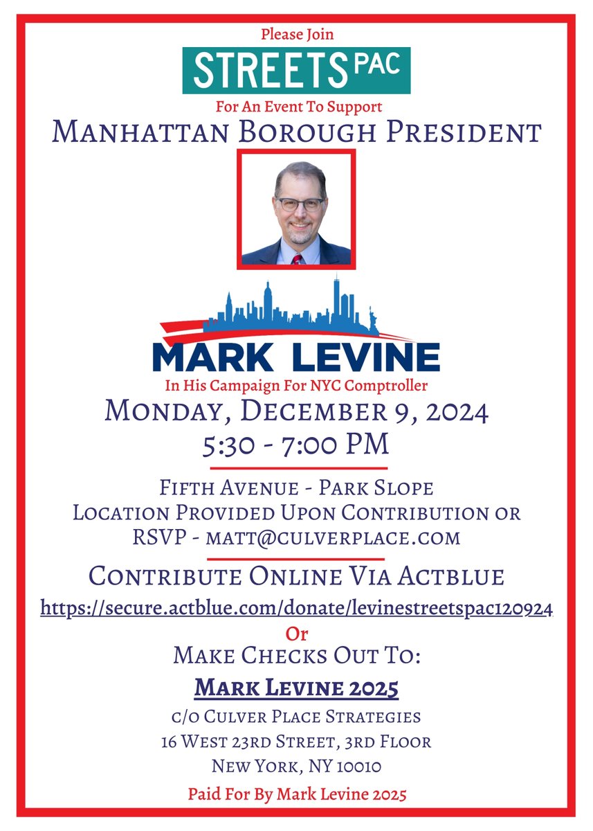 Please join us Monday in Brooklyn for an event with Manhattan Borough President Mark Levine! Details here: streetspac.org/december_9_eve…