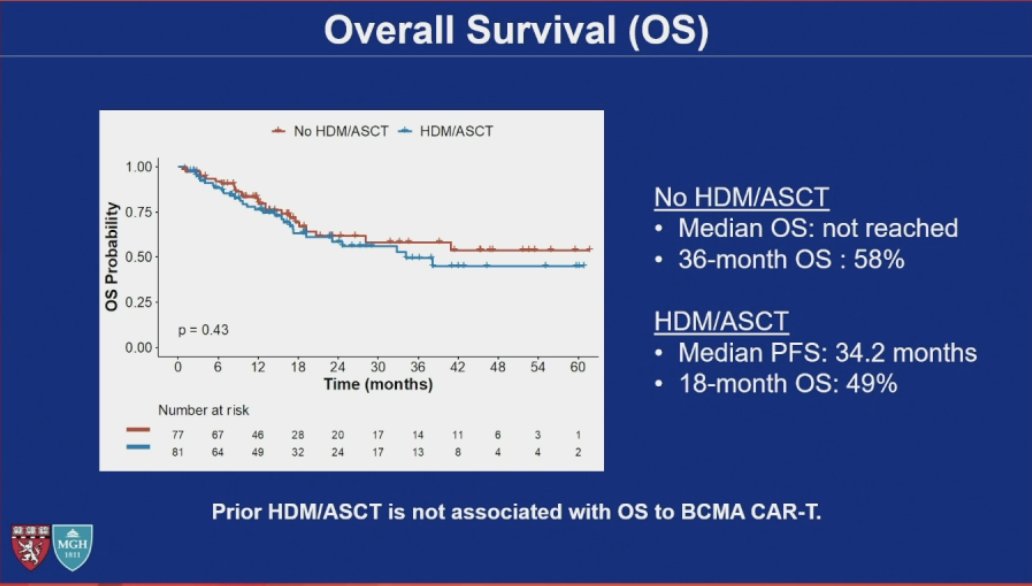 HadidiSamer's tweet photo. #ASH24 #mmsm @ASH_hematology 

Oral Myeloma:Previous HDM/ASCT Adversely Impacts PFS with BCMA-Directed CAR T-Cell Therapy in Multiple Myeloma

Prior Transplant in retrospective analysis is associated with lower PFS when receiving BCMA CAR-T compared to no prior transplant though no OS difference

Be careful with interpretation- one notable difference is time from diagnosis to either transplant vs. CAR-T indicating those patients population are different