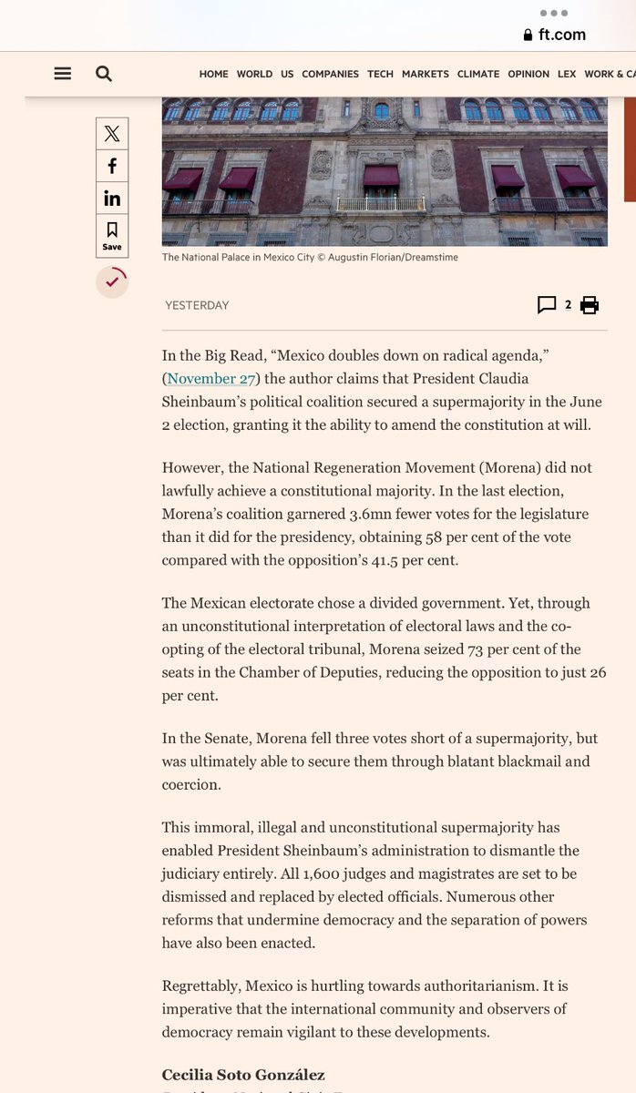 El Financial Times publicó mi carta denunciando los métodos mafiosos que Morena usó para conseguir la súper mayoría espuria que ostenta en la <a href="/Mx_Diputados/">H. Cámara de Diputados</a>. <a href="/FT/">Financial Times</a>