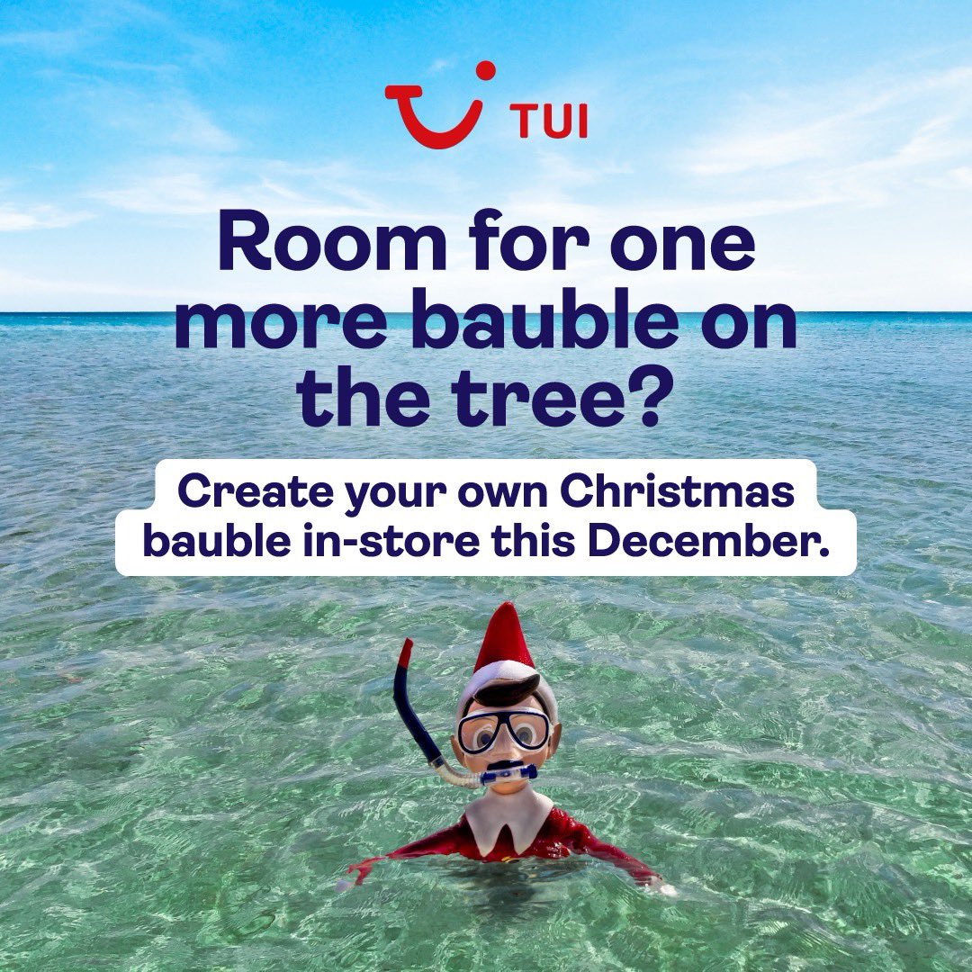 🎄 Join TUI in-store for a festive family treat!

Free bauble-making workshop on 8th December.

📍 Where: TUI Store, Hempstead Valley
🕙 When: 10am - 4pm
Make it a memory your family will cherish. ❤️
Subject to availability, while stocks last. No purchase necessary.