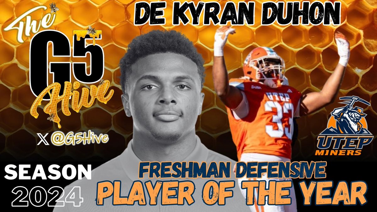 The G5 Hive (@g5hive) on Twitter photo The G5 Hive Freshman Defensive Player of the Year! <a href="/UTEPFB/">UTEP Football</a> Defensive End <a href="/KyranDuhon/">Kyran Duhon</a> ! Kyran had an OUTSTANDING with 43 tackles, 21 solos, 2 pass defense, 7 tackles for loss & 7 Sacks! Congrats Kyran! #Freshman #G5Hive #CollegeFootball The G5 Hive Freshman Defensive Player of the Year! <a href="/UTEPFB/">UTEP Football</a> Defensive End <a href="/KyranDuhon/">Kyran Duhon</a> ! Kyran had an OUTSTANDING with 43 tackles, 21 solos, 2 pass defense, 7 tackles for loss & 7 Sacks! Congrats Kyran! #Freshman #G5Hive #CollegeFootball