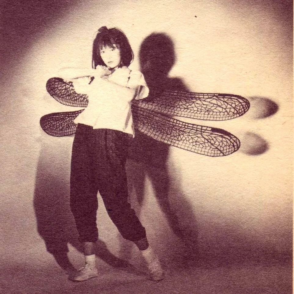 Jun Togawa wearing dragonfly wings for promotional photography and