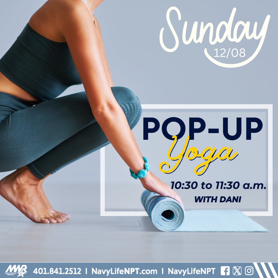 NavyLifeNPT's tweet image. 🧘‍♀️ Join Dani for POP UP Yoga at the John H. Chafee Fitness Center! 🧘‍♂️  

This Sunday at 10:30 AM, come unwind, stretch, and breathe. 🌿 All levels are welcome—bring your mat and a smile! 😊  

#YogaTime #AllLevelsWelcome #SundayVibes