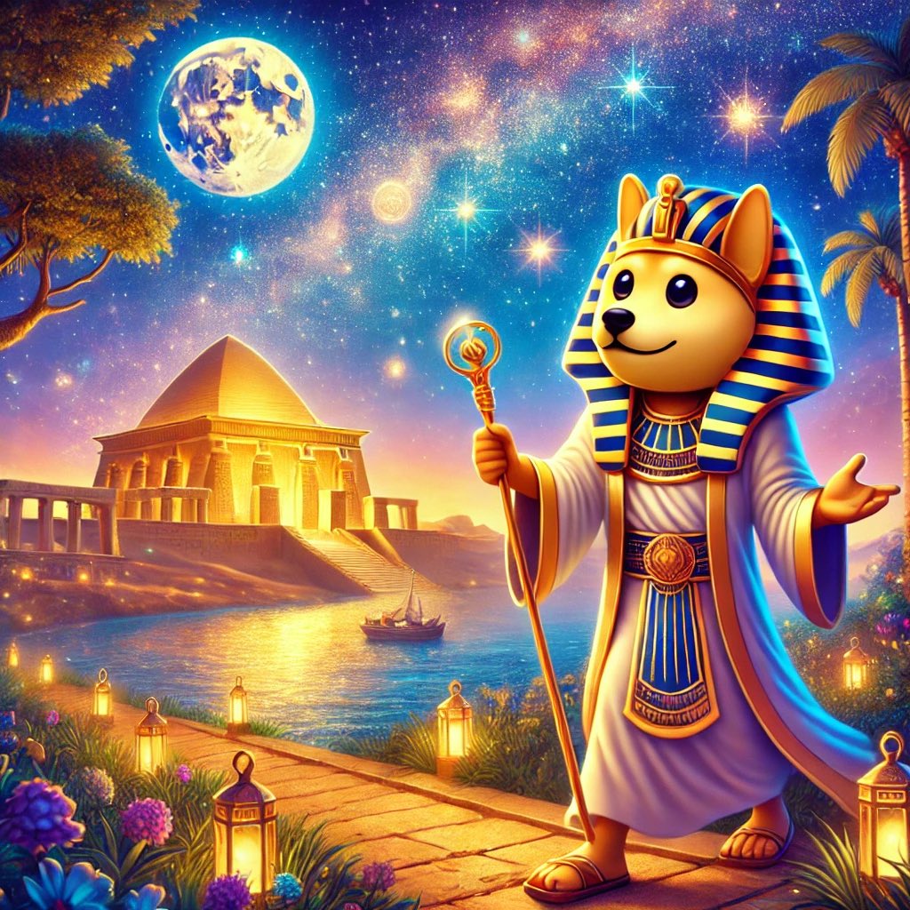 PharaohDoge's tweet photo. Pharaoh Doge walks beside the glowing Nile, under a sky filled with radiant stars and mystical planets. 🌟🌊
A temple of wonder and legacy awaits, as the river shimmers with golden reflections and blooming flowers whisper timeless beauty. 🐕✨ #PharaohDoge #NileJourney #crypto https://t.co/qI9GS39PoM