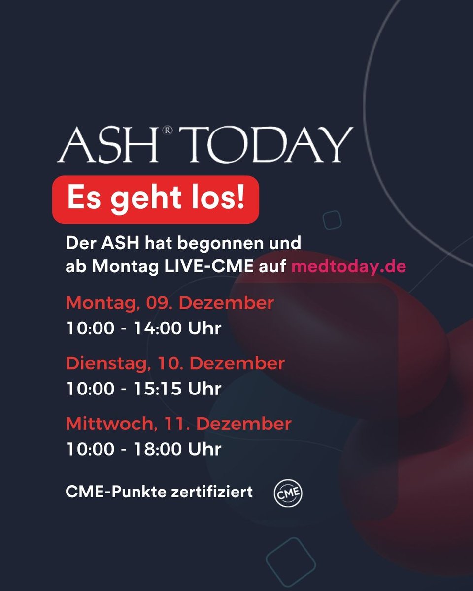 Der #ASH24 hat begonnen und wir sind für Sie live vor Ort! Mit unseren Expert:innen sammeln wir alle Informationen zu den diesjährigen Highlights, schalten Sie am Montag, Dienstag und am Mittwoch ein, um Ihre CME-Punkte zu sichern. #Hämatologie #medtoday