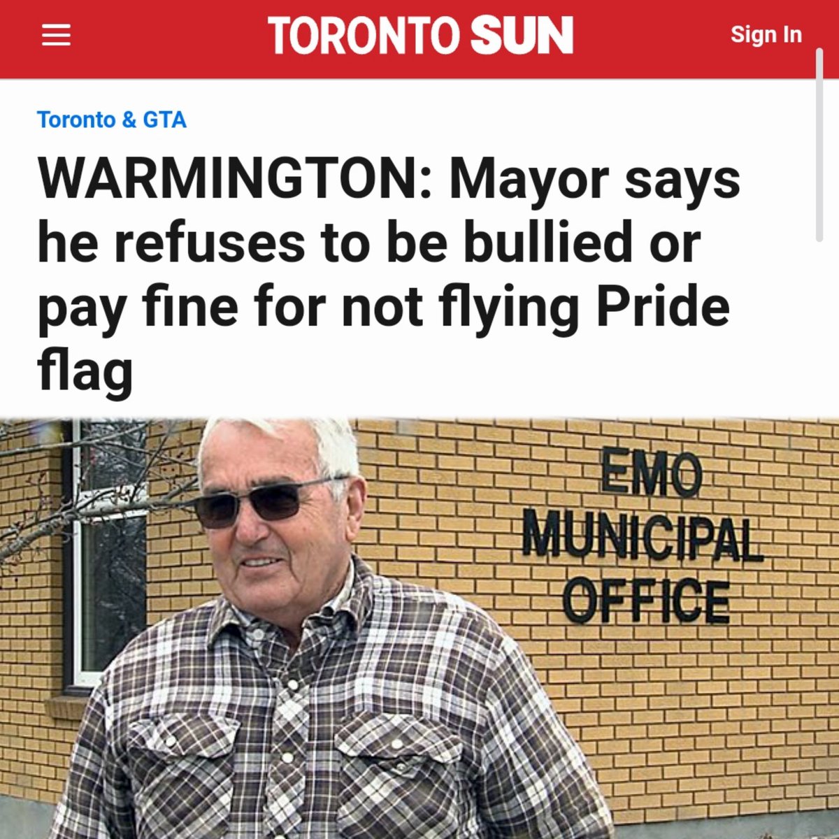 cdnrefusenik's tweet photo. Mayor Harold McQuaker says he won't pay a $5000 fine for not flying the pride flag, nor will he attend "re-education training". He also won't comply with demands to host a drag time story hour in the local library.
Good to see someone who won't be bullied by the woke mob. https://t.co/0Yl9B2IMub