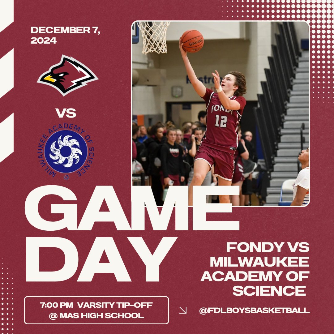 GAME DAY

🆚: Milwaukee Academy of Science
🏟: MAS High School
🕖: 7:00 PM Varsity Tip-Off
🎟️: Tickets gofan.co/event/2336481?…
🎤: Listen Live on 1450 AM, 100.7 FM or kfiz.com

📷: @a_flash_of_sunshinephotography 

#FondyPride | #FondyHoops