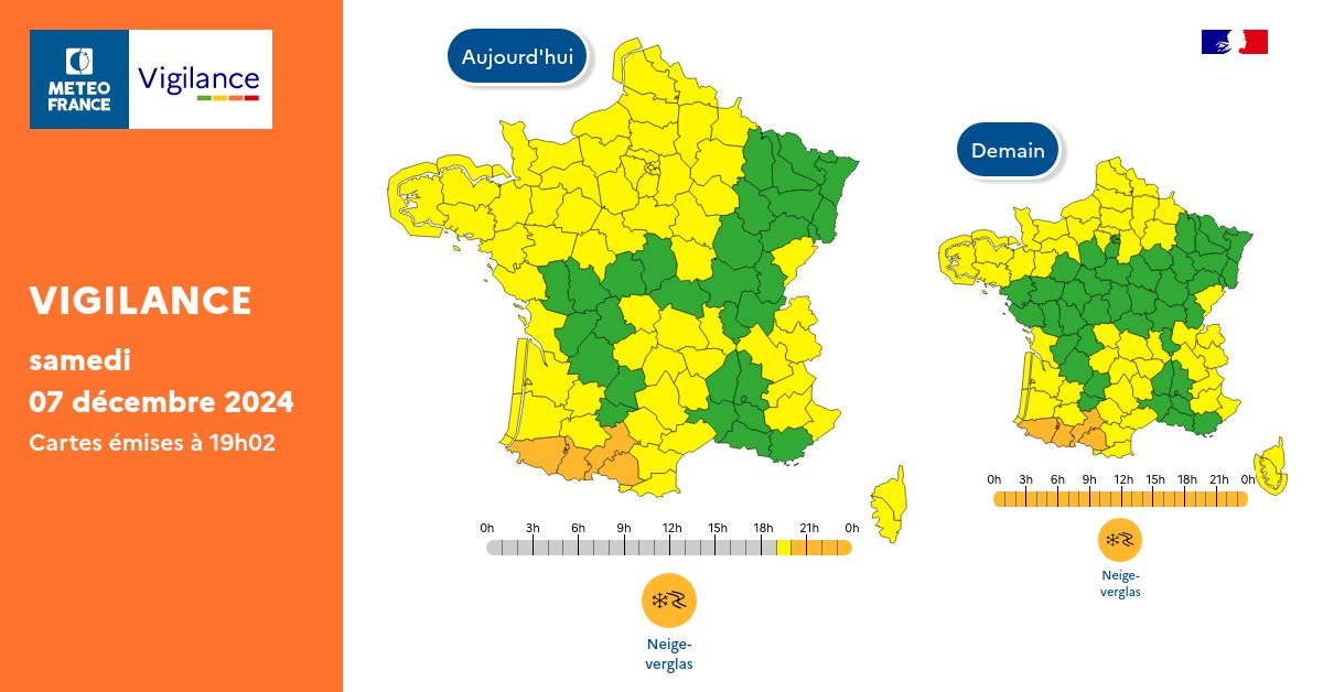 VigiMeteoFrance's tweet photo. Pour samedi 07 décembre 2024 :
🟠 4 départements en Vigilance orange

Pour dimanche 08 décembre 2024 :
🟠 4 départements en Vigilance orange

Restez prudents et informés :
https://t.co/JGz4rTUvHP https://t.co/mJTIkBXWBl