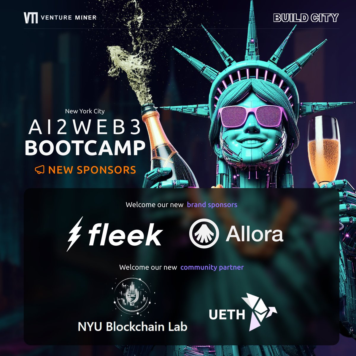 ventureminer's tweet photo. The AI2Web3 Dev Bootcamp Dec 9-13 in NYC is leveling up! 🎉  
A huge thank you to our new Brand Sponsors, @AlloraNetwork and @Fleek, for empowering the next wave of engineers in AI and Web3. 🤖 https://t.co/XvRNZyhcwU