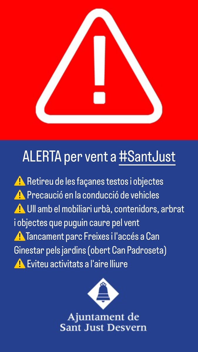 santjustcat's tweet photo. 📣 Alerta activada per vent a #SantJust! Seguiu les recomanacions i extremeu la precaució a l'aire lliure! https://t.co/uINessdUhU
