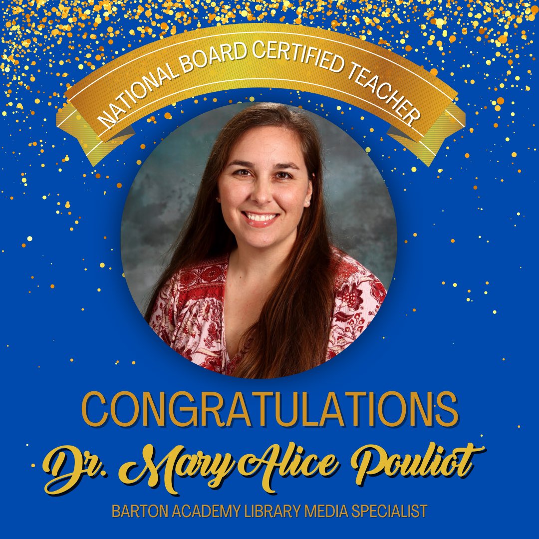 BartonAcademy's tweet photo. Barton gained its SIXTH National Board Certified Teacher this weekend! CONGRATULATIONS to Dr. Mary Alice Pouliot for earning NBCT status! 
#bartonexplorers #undertheBartondome https://t.co/MvPlKz0PCV