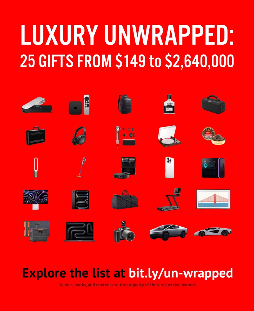 ScottGraffius's tweet photo. 25 Unforgettable Gifts from $149 to $2,640,000
π https://t.co/uzqWPIybNc
#Apple #iPhone #AttachΓ© #Parfum #CryptoWallet #Fluance #Caviar #LuxuryGifts #HolidayLuxury #GiftIdeas #NaughtyOrNice #LuxuryLiving #LuxuryGiftGuide #Turntable #LuxuryUnwrapped #Bose #Creed #Crypto https://t.co/SQNunKSbf3