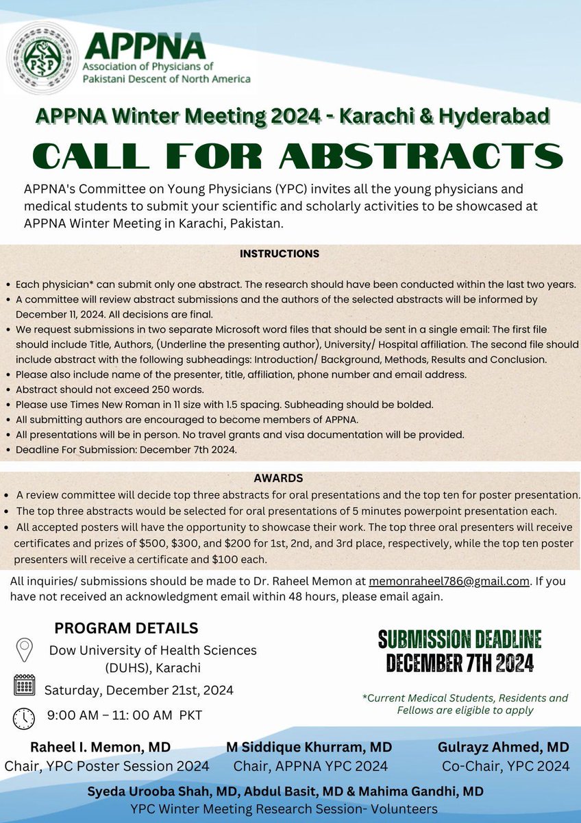APPNA WWinter Meeting:

YPC POSTER Session

Last Date of submission is today

#Match2025 #MedTwitter #MedEd