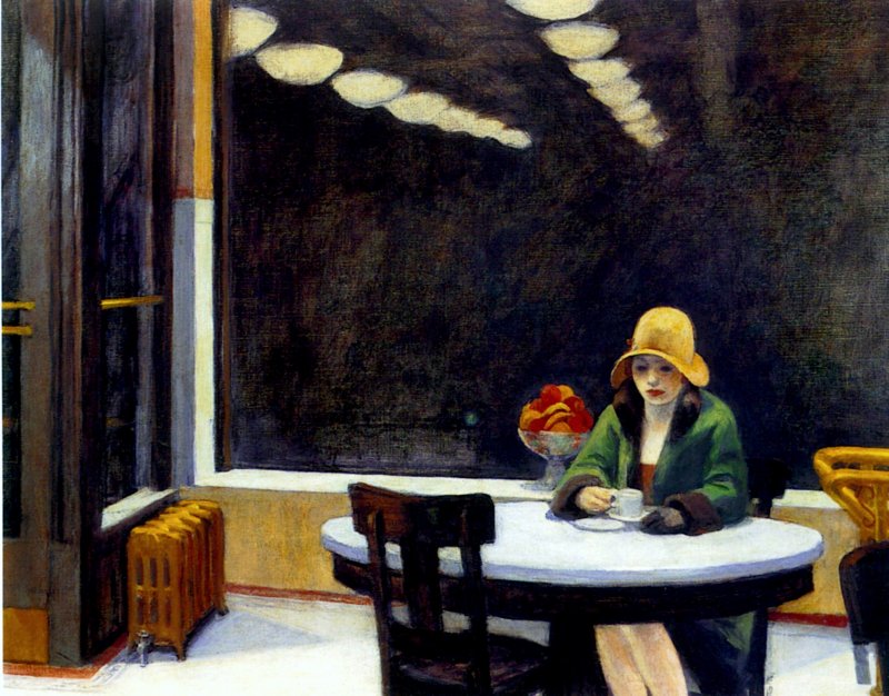 Hopper, Automat

A lone woman in a 1920s self-service cafe.  
#UrbanSolitude