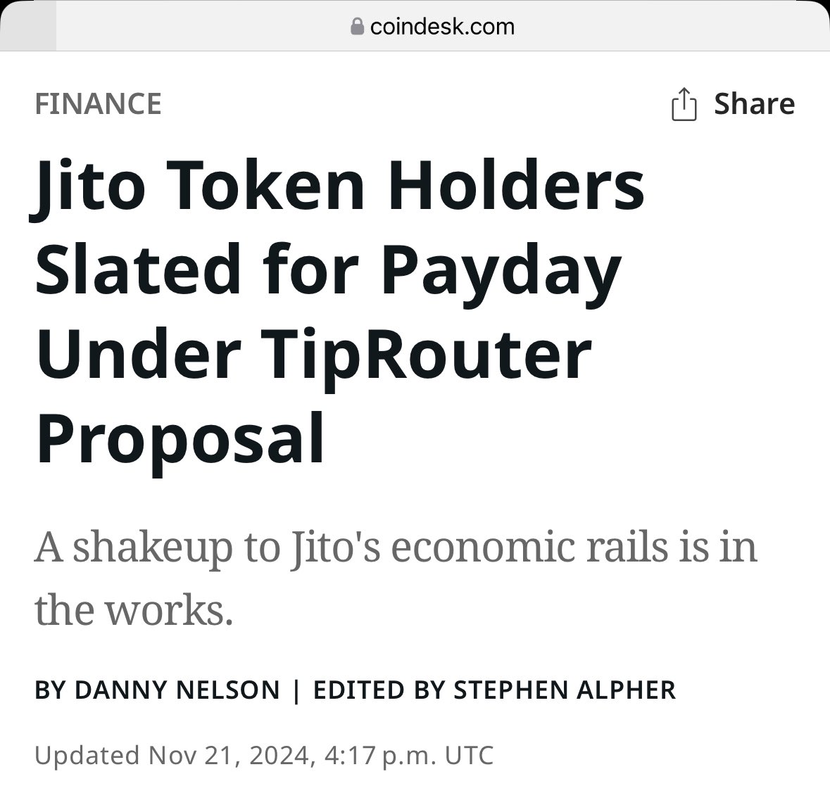 $JTO

> Primary $SOL beta. $SOLs daily chart looks v gd 
> c$500m usd unlock happened earlier today. No noise on timeline, no further cliff event going forward
> Active formal discussions to significantly enhance existing token utility (TipRouter proposal). Vote to follow in just