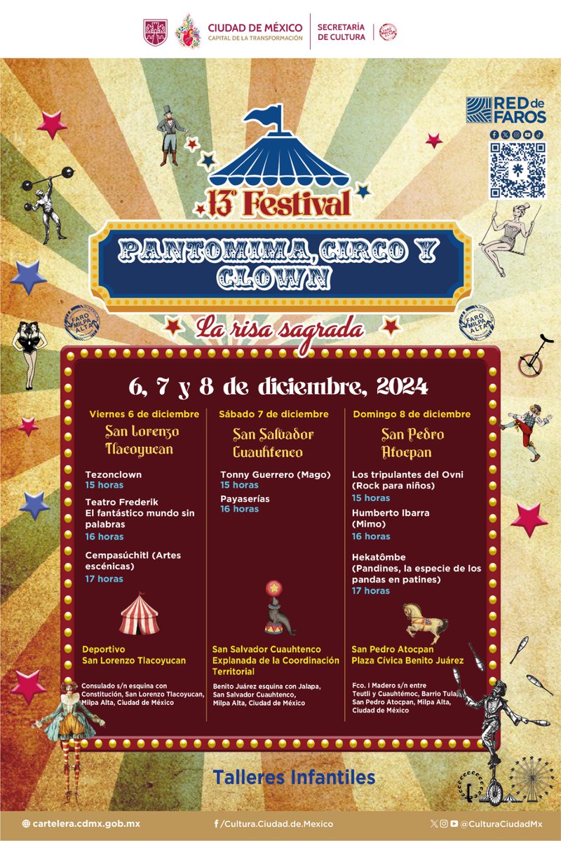 Faro_Miacatlan's tweet photo. 13vo. festival de Pantomima Circo &amp; Clown 

Acompáñanos en: 
Viernes 6 en San Lorenzo Tlacoyucan
Sábado 7 en San Salvador Cuauhtenco
Domingo 8 en San Pedro Atocpan 

ENTRADA GRATUITA
#FaroMilpaAlta #RedDeFaros #Culturacomunitaria https://t.co/Pfhmzpap8i