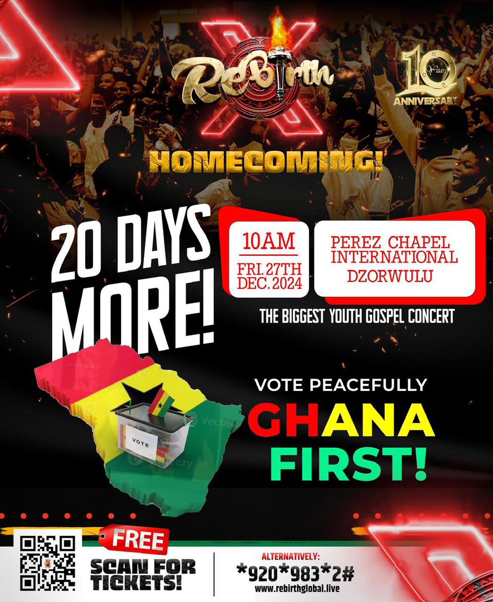 rebirthtbygc10's tweet photo. โจ The Countdown Begins! Rebirth turns 10! Join us on Dec 27, 2024! RebirthX-a decade filled with worship,transformation and impact! Letโs also unite in our plea for a peaceful election.Ghana first! ๐ฌ๐ญ #RebirthX #YouthGospelConcert #PeacefulElections #ElectionDay https://t.co/KLyXtVlwIH