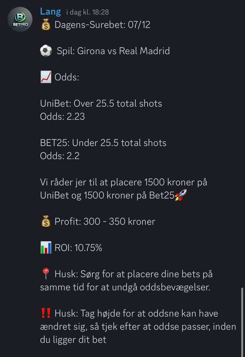 BetProDK's tweet photo. Dagens top surebet!🔥💥
300-350 kr. profit💸✅
Følg for flere gratis bets👆🏼

#sldk #superliga #danskbet #danskespil #surebet #oddset #oddsetdk #danskodds https://t.co/1Fgr3JQWE2