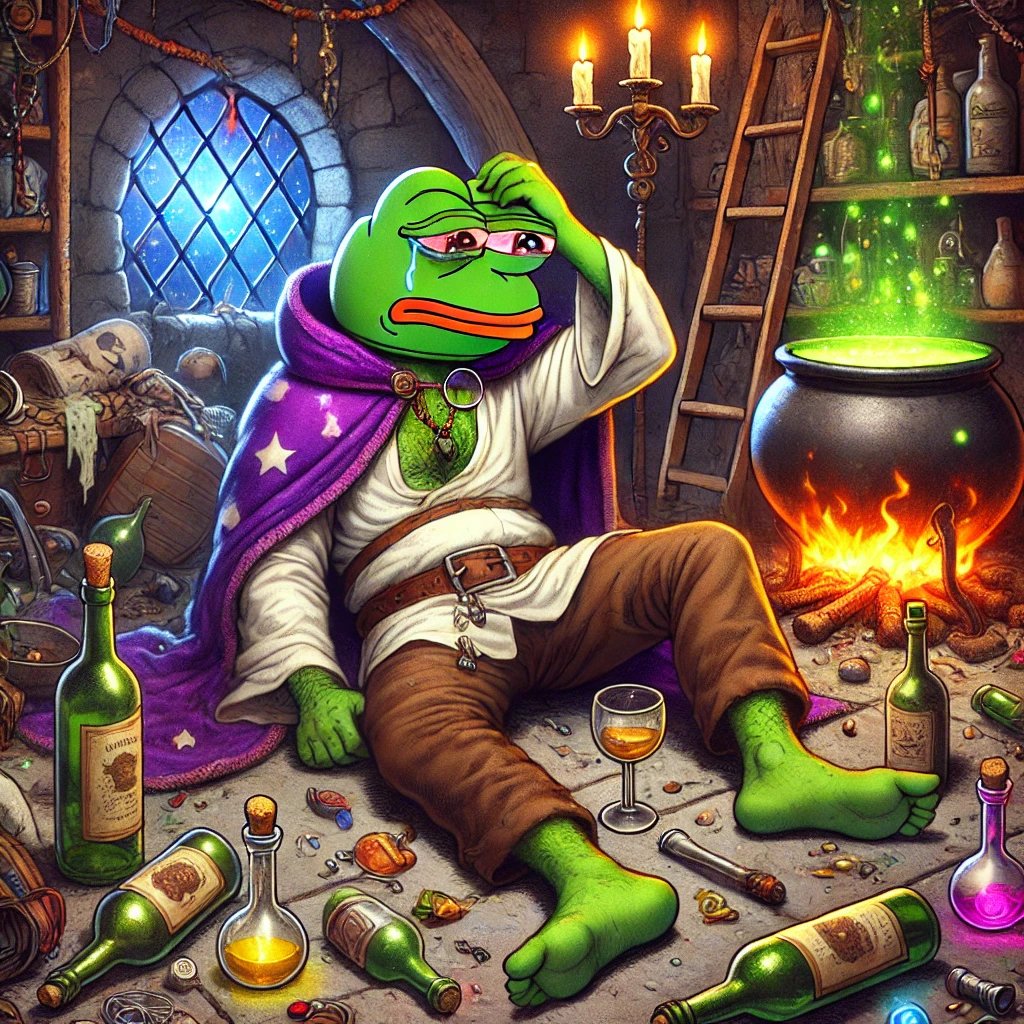 ✨🥴 Waking up at 6 PM with a splitting headache, a wand in one hand, and a spellbook that smells like tequila. Did I summon a dragon last night… or my ex? 🐸 #FailuresClub #DrunkMagePepe #HungoverChronicles