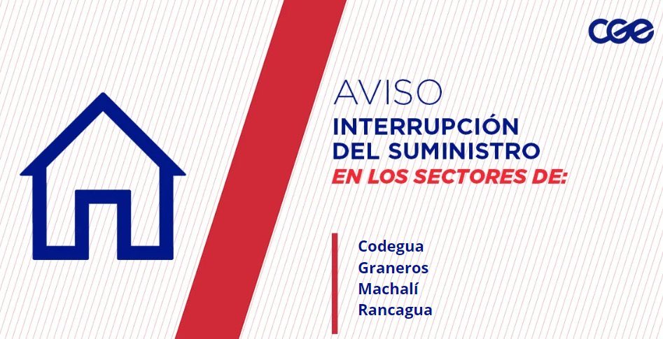 CGE_Clientes's tweet photo. Informamos a nuestros clientes de los sectores de Ruta H-15, H-197, H-203, Camino Nuevos Campos, Camino Miraflores y aledaños, comunas de #Codegua, #Graneros, #Machalí y #Rancagua, la interrupción del suministro eléctrico. Nuestro personal de emergencia ya está informado. https://t.co/zTGuCCR5OB