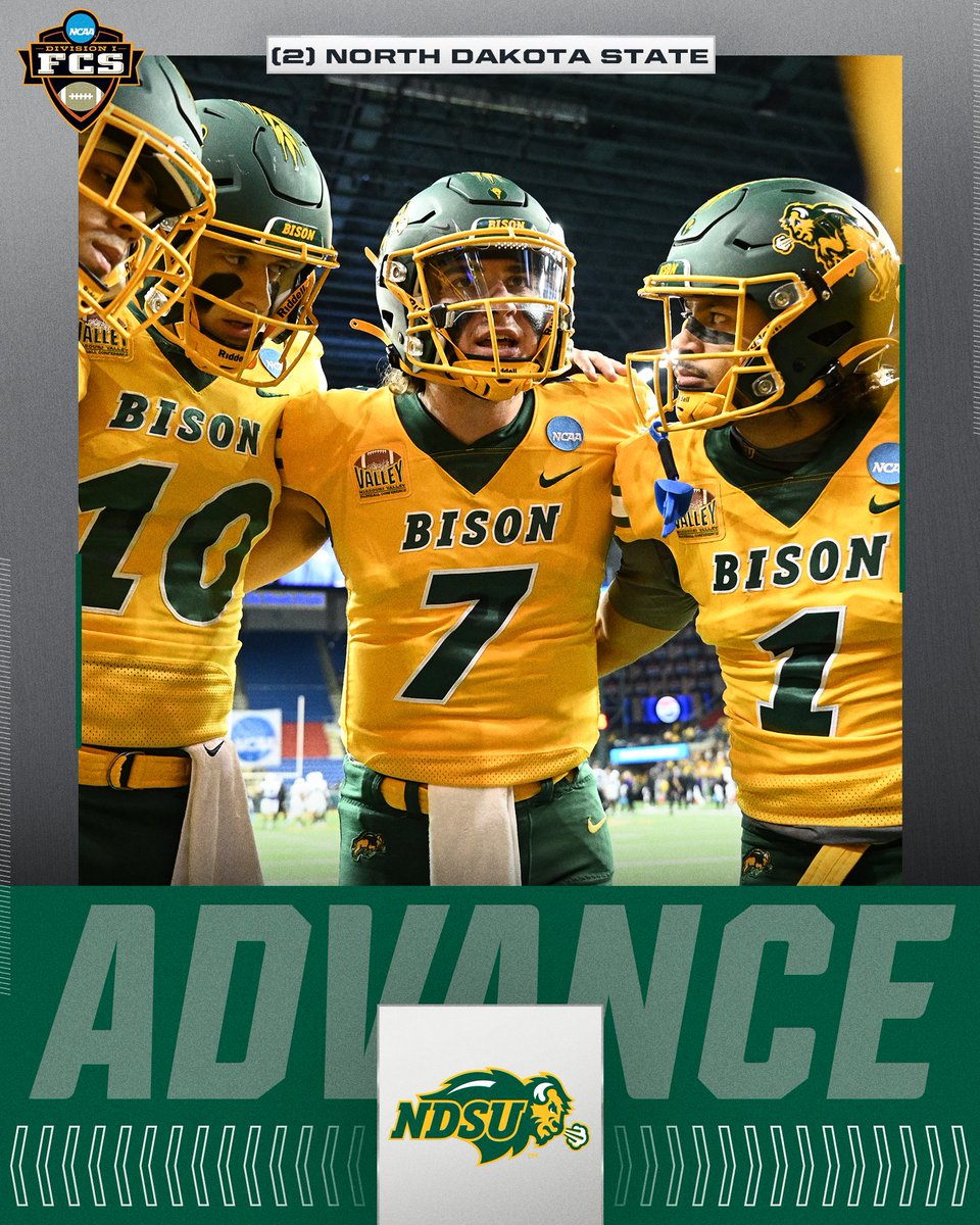 NCAA_FCS's tweet photo. BISON MOVE ON 🦬

(2) @NDSUfootball defeats (15) ACU, 51-31, to advance to the Quarterfinals of the #FCSPlayoffs. https://t.co/aE6T8dng56