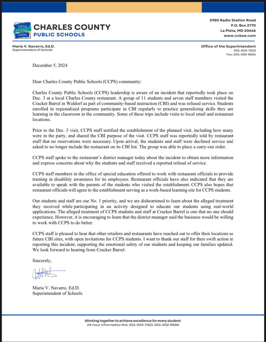 CCMDNAACP's tweet photo. Please see the attached statements from CCPS and CCNAACP.  Someone from the Cracker Barrel Regional team has scheduled to vist Charles County on Monday 9 Dec to address this incident.  A representative from the branch will be in attedance. 

https://t.co/CMFQIx2pCQ https://t.co/o3YNME2YPw
