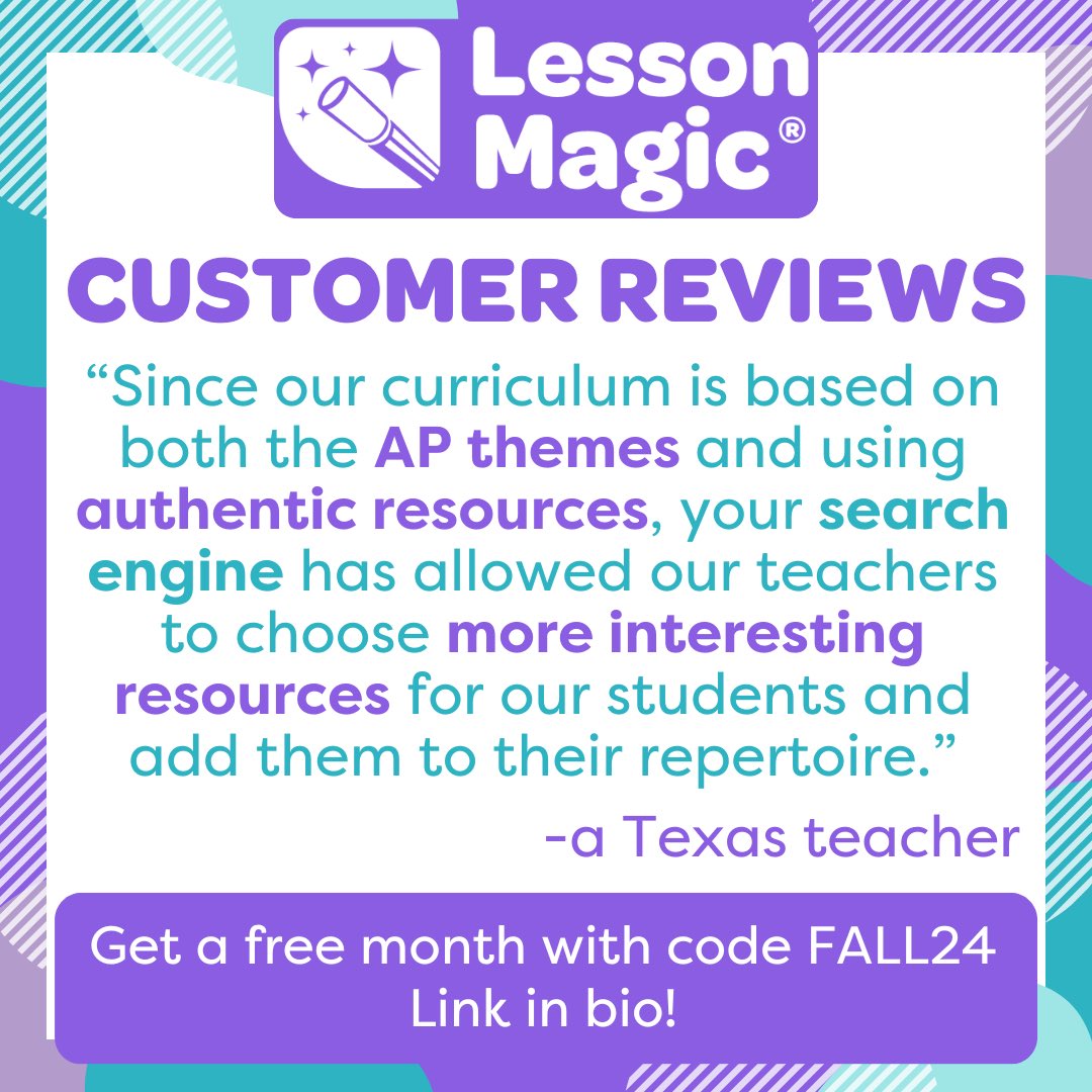 TeachingSolved's tweet image. #SpanishTeachers and #FrenchTeachers - See why teachers are raving about Lesson Magic! Get a free month of Unlimited with code FALL24 to save time preparing proficiency-based Spanish, French, or ELL lessons. teachingsolved.com #LangChat #LangTwt