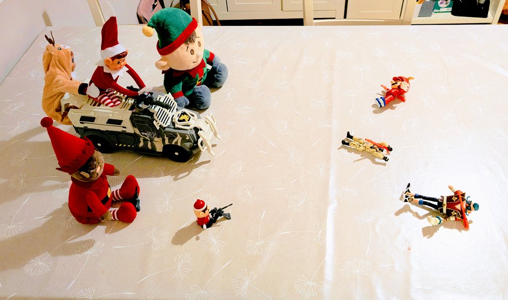 All this talk of #WorldWar3, even the elves are at it! 
It seems like they dealt with the situation though, and it's confirmed that they didn't at any point use the war as a money laundering operation
#elfontheshelf #ElfOnAShelf #ElfArmy