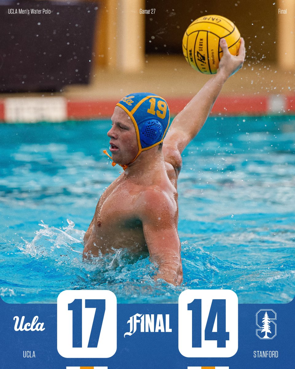 FINAL | No. 1 UCLA (25-2) def. No. 4 Stanford (22-5), 17-14! Bruins advance to tomorrow's NCAA Championship game on ESPNU at 3:00 p.m. PST (play the winner of No. 2 USC/No. 3 Fordham). Freshman Ryder Dodd led all scorers with 6⃣ goals!
#GoBruins 🐻🤽‍♂️