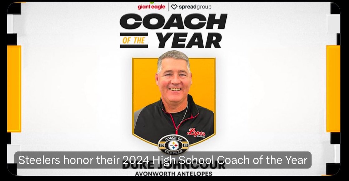AvonworthFB's tweet photo. Congratulations to our Head Coach Duke Johncour as he has been named rhe Pittaburgh Steelers High School Coach of the Year and the team's nominee for the Don Shula NFL High School Coach of the Year! #WPIAL #steelersnation #steelers #avonworth #avonworthfb #NFL https://t.co/KpFWYVFrHf