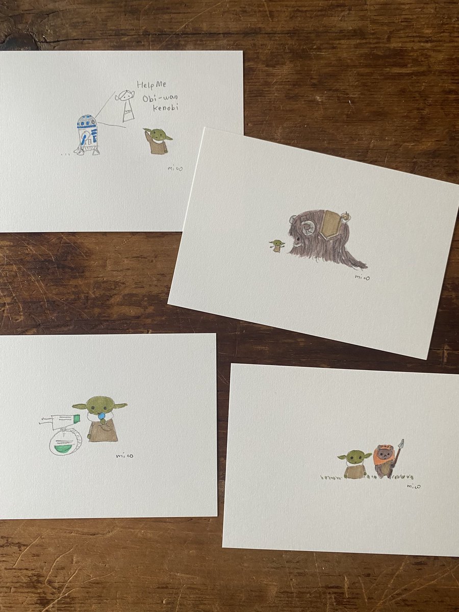 dec12children's tweet photo. 金、土と嬉しいことに手描きイラストをお迎えしてくれる方が多く、今日のためにポストカードサイズの手描きイラストを追加しました。
個人的にはハンソロのブラスターシリーズがお気に入りです。刺さる方いるのでは🤭あとバンサの横のグローグーは今回最小かも🌱
#東京コミコンアーティストアレイ https://t.co/l5jS0tErNM