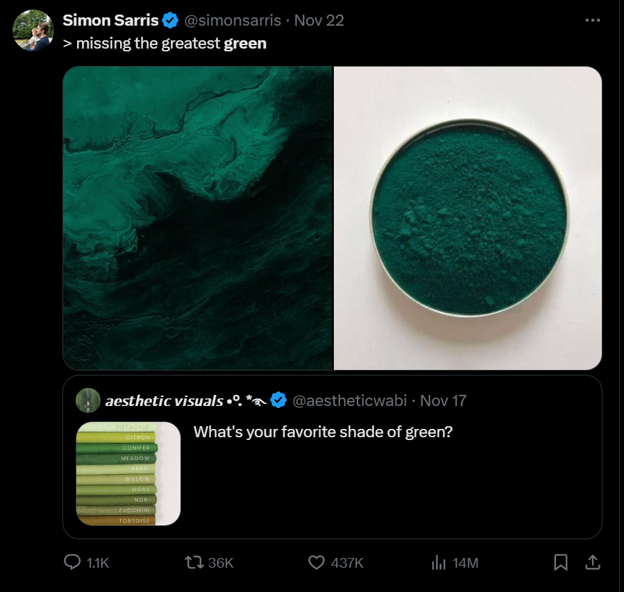simonsarris's tweet photo. Is this color basically human catnip? Or catnip for men?

These are some of my most liked posts of all time https://t.co/BU2nricGso