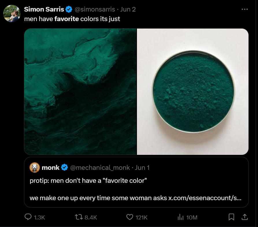 simonsarris's tweet photo. Is this color basically human catnip? Or catnip for men?

These are some of my most liked posts of all time https://t.co/BU2nricGso