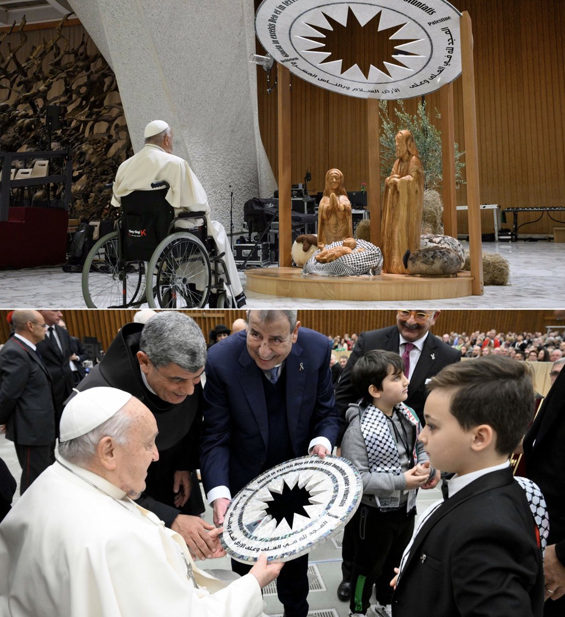 IhabHassane's tweet photo. Today, the Higher Presidential Committee for Church Affairs in Palestine, on behalf of the State of Palestine, gifted the Nativity Scene made in Bethlehem to the Vatican in the presence of Pope Francis, who prayed for peace:  “With our eyes filled with tears, we lift our prayers for peace.” 🕊️