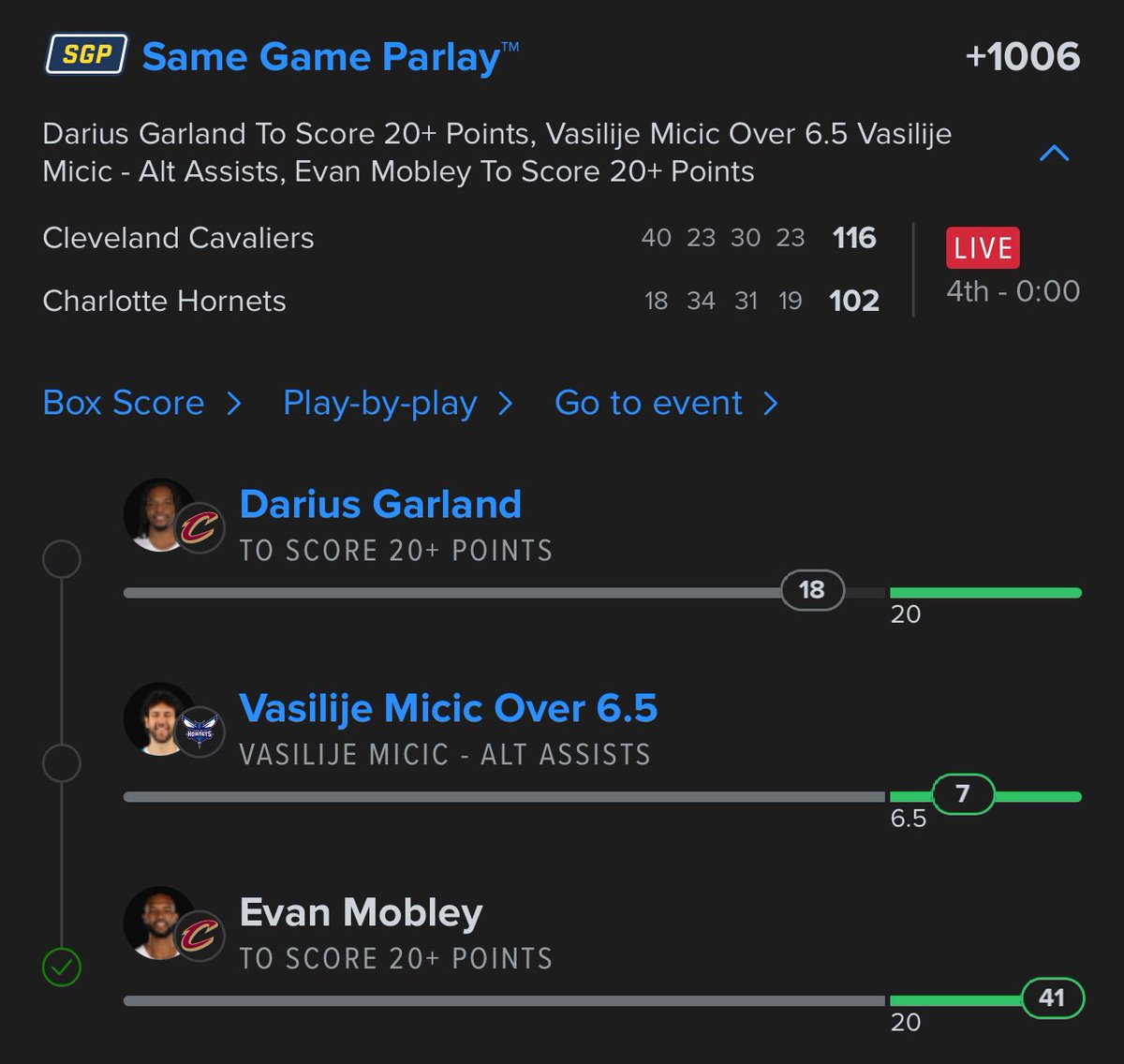 Cashed the early game SGP and nearly cashed the stepped up version. 

Hopefully this means some big wins coming tonight!🤞