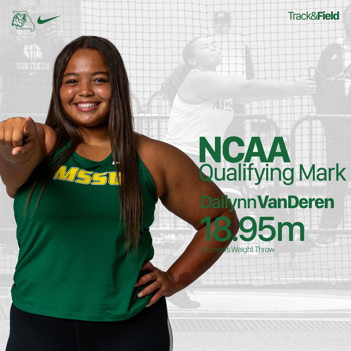 Dailynn VanDeren takes 2nd place in the women's throw with an NCAA Qualifying Mark and personal best throw of 18.95m, taking 2nd place in the MSSU history books! 🦁