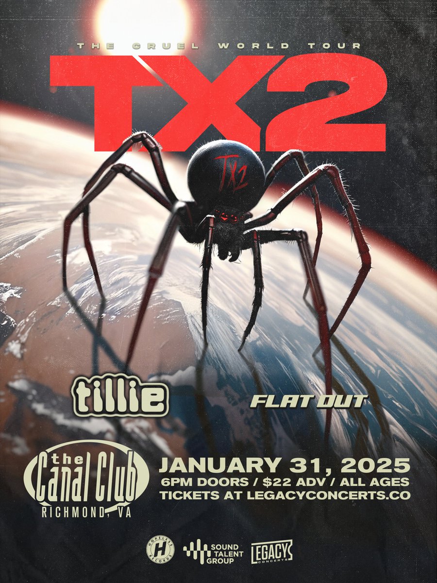 🕷️TONIGHT: TX2 <a href="/tx2official/">TX2</a> | The Cruel World Tour
Special Guests: Tillie &amp; Flat Out
🚪Doors: 6:00 P.M. | Show: 7:00 P.M.
💸DOS: $25 
🎟️Tickets: thecanalclub.com