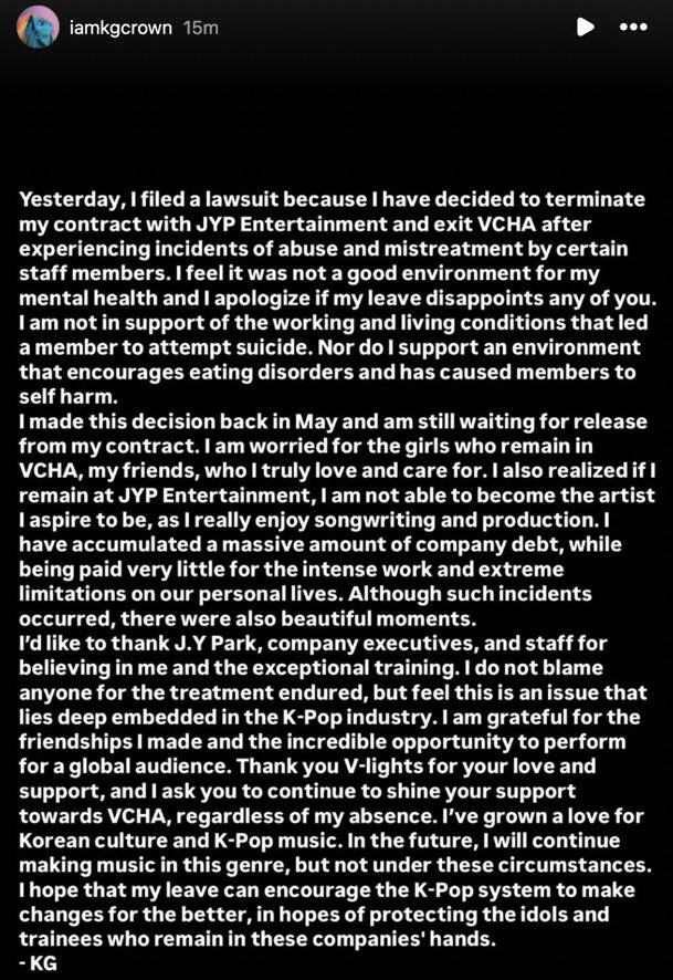 kchartsmaster's tweet photo. VCHA's KG announces she filed a lawsuit to end her contract with JYP Entertainment and that she's leaving the group after multiple incidents of abuse and mistreatment:

"I feel it was not a good environment for my mental health and I apologize if my leave disappoints any of you. I am not in support of the working and living conditions that led a member to attempt suicide. Nor do I support an environment that encourages eating disorders and has caused members to self harm."