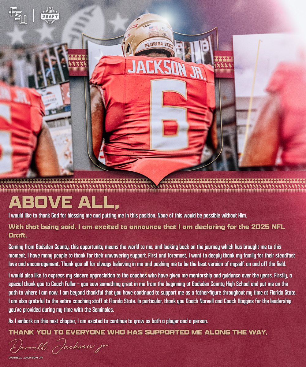 CentralNorvell's tweet photo. UPDATE: Florida State redshirt junior defensive tackle Darrell Jackson Jr. is declaring for the 2025 NFL Draft.
Best of luck in your next chapter of your journey. π #GoNoles #NoleFamily #darrelljackson https://t.co/mYnm00dxl6