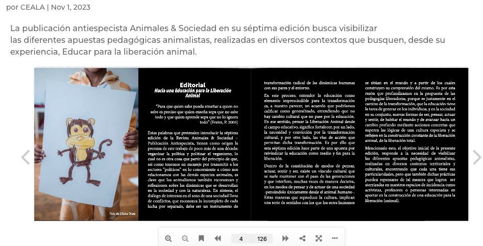Recomendamos que visitéis la página de <a href="/AnimalesySocied/">Revista Animales & Sociedad</a> . El último número de su revista está dedicado a la educación antiespecista.

Descarga gratuita: animalesysociedad.com/ediciones-ante…